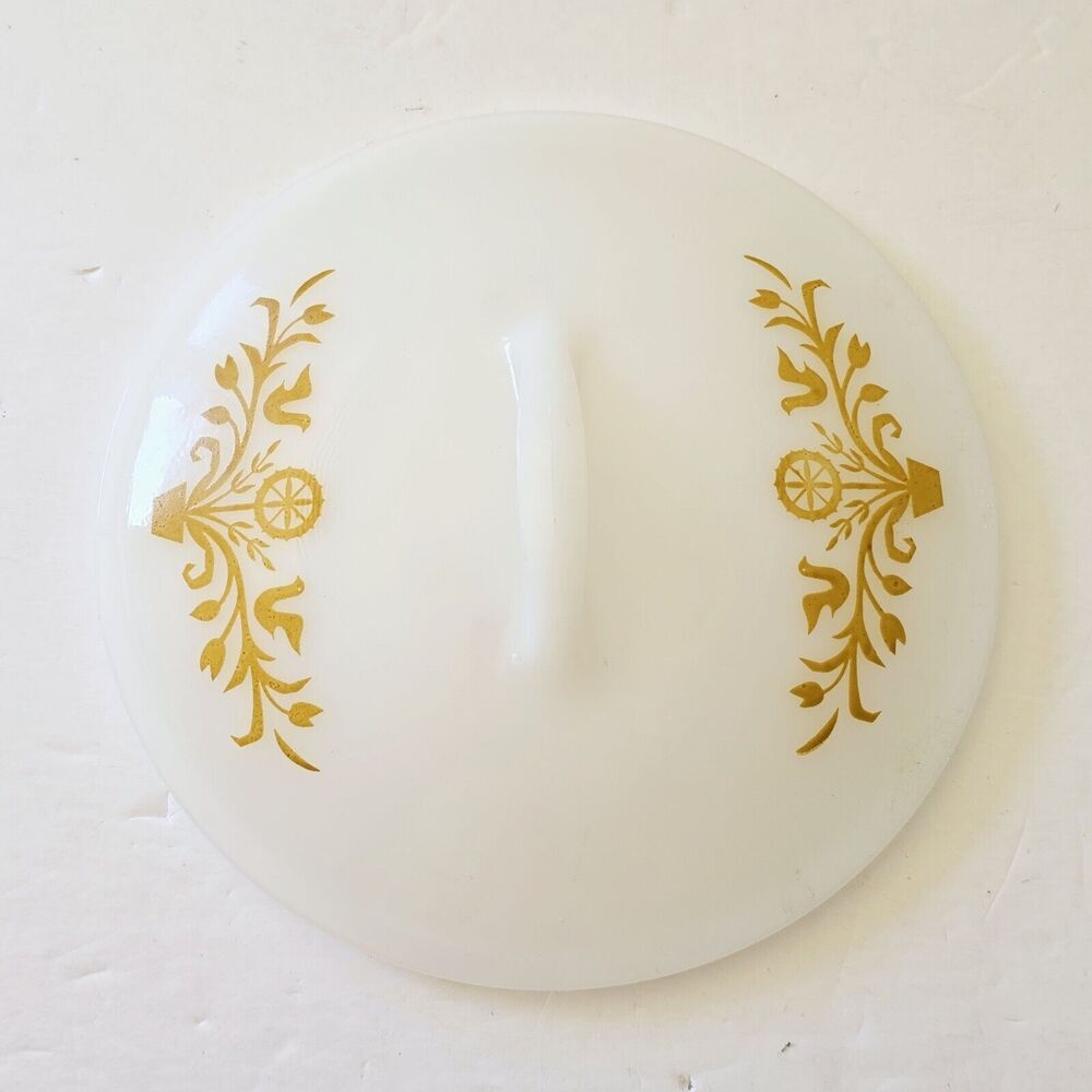 Vintage Glasbake Milk Glass 8.5" 2 Qt Dish LID ONLY Round Gold Yellow Bird MCM